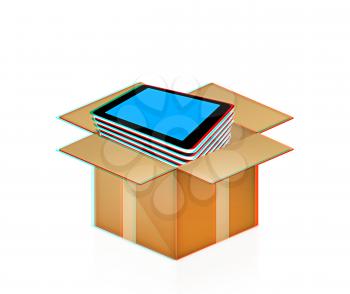 tablet pc in cardboard box on a white background. 3D illustration. Anaglyph. View with red/cyan glasses to see in 3D.