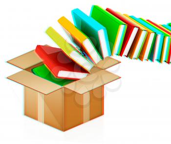 colorful real books in cardboard box on a white background. 3D illustration. Anaglyph. View with red/cyan glasses to see in 3D.