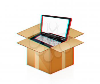 Laptop in cardboard box on a white background. 3D illustration. Anaglyph. View with red/cyan glasses to see in 3D.