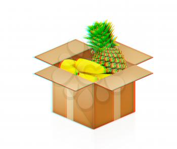 pineapple and bananas in cardboard box on a white background. 3D illustration. Anaglyph. View with red/cyan glasses to see in 3D.