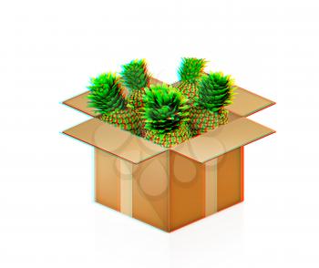 pineapples in cardboard box on a white background. 3D illustration. Anaglyph. View with red/cyan glasses to see in 3D.