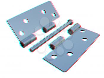 assembly metal hinges on a white background. 3D illustration. Anaglyph. View with red/cyan glasses to see in 3D.