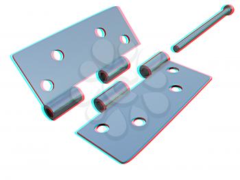 assembly metal hinges on a white background. 3D illustration. Anaglyph. View with red/cyan glasses to see in 3D.