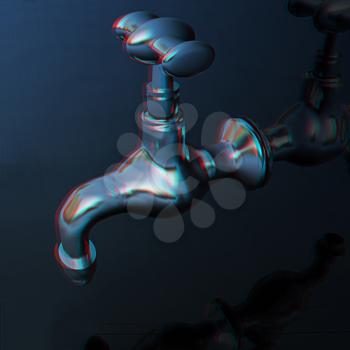 Water taps on a reflective background. 3D illustration. Anaglyph. View with red/cyan glasses to see in 3D.