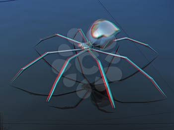 Chrome spider on a white background. 3D illustration. Anaglyph. View with red/cyan glasses to see in 3D.