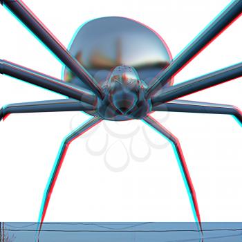 chrome spider.Close-up on a white background. 3D illustration. Anaglyph. View with red/cyan glasses to see in 3D.