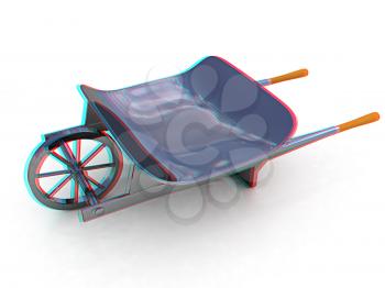 metal wheelbarrow on a white background. 3D illustration. Anaglyph. View with red/cyan glasses to see in 3D.
