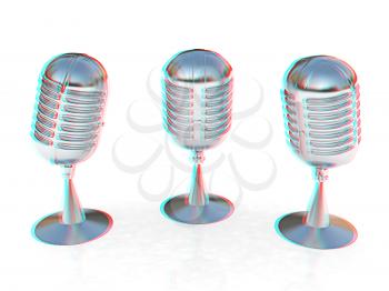 3 metal microphones on a white background. 3D illustration. Anaglyph. View with red/cyan glasses to see in 3D.
