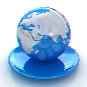  Globe on a saucer on a white background. Anaglyph. View with red/cyan glasses to see in 3D. 3D illustration
