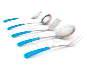 cutlery on a white background. 3D illustration. Anaglyph. View with red/cyan glasses to see in 3D.