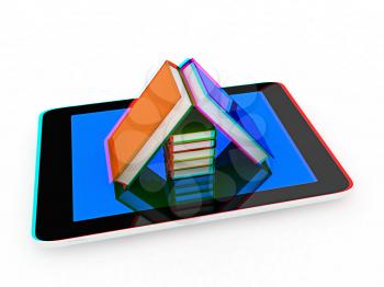 tablet pc and colorful real books on white background. 3D illustration. Anaglyph. View with red/cyan glasses to see in 3D.