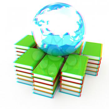 book and earth on a white background. 3D illustration. Anaglyph. View with red/cyan glasses to see in 3D.