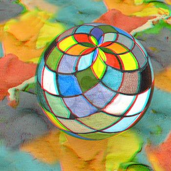 Mosaic ball on a colorful background. 3D illustration. Anaglyph. View with red/cyan glasses to see in 3D.
