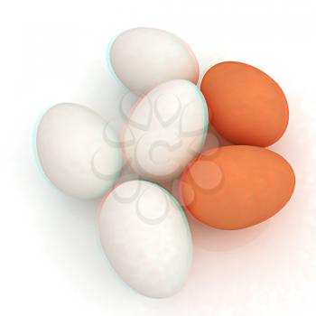 Chicken Eggs on a white Background. 3D illustration. Anaglyph. View with red/cyan glasses to see in 3D.