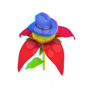 Blue hat on a fantastic flower iisolated on white background. 3d. 3D illustration. Anaglyph. View with red/cyan glasses to see in 3D.