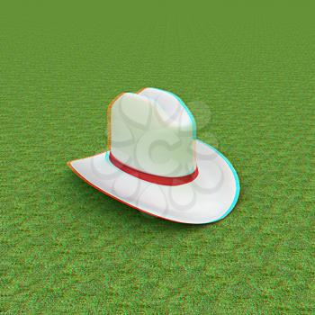 White hat with a red ribbon on a green grass background. 3d. 3D illustration. Anaglyph. View with red/cyan glasses to see in 3D.