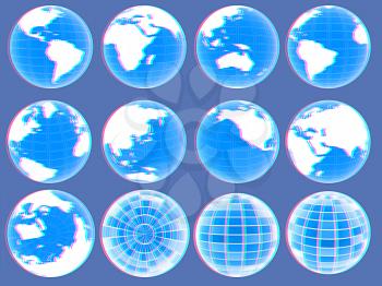 Set of 3d globe icons showing earth. 3D illustration. Anaglyph. View with red/cyan glasses to see in 3D.