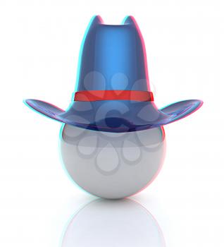 3d blue metallic hats on white ball. 3D illustration. Anaglyph. View with red/cyan glasses to see in 3D.