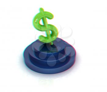 Dollar sign on podium. 3D icon on white background. 3D illustration. Anaglyph. View with red/cyan glasses to see in 3D.