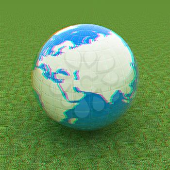 Earth on green grass. Abstract 3d illustration. 3D illustration. Anaglyph. View with red/cyan glasses to see in 3D.