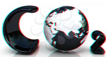 black word CO2. Formula on white background. Anaglyph. View with red/cyan glasses to see in 3D. 3D illustration