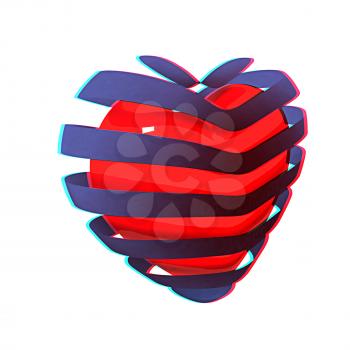 3d beautiful red glossy heart of the bands on a white background. 3D illustration. Anaglyph. View with red/cyan glasses to see in 3D.