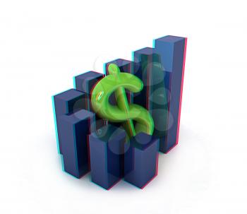 Currency dollar business graph on white background. 3D illustration. Anaglyph. View with red/cyan glasses to see in 3D.