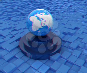 earth on podium against abstract urban background. 3D illustration. Anaglyph. View with red/cyan glasses to see in 3D.