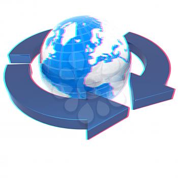 Earth with arrows on a white background. 3D illustration. Anaglyph. View with red/cyan glasses to see in 3D.