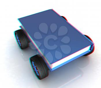 On race cars in the world of knowledge concept. 3D illustration. Anaglyph. View with red/cyan glasses to see in 3D.