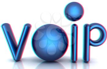 Word VoIP with 3D globeon a white background. 3D illustration. Anaglyph. View with red/cyan glasses to see in 3D.