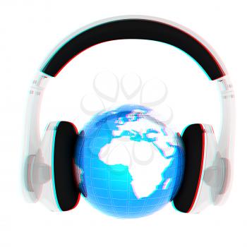 Blue earth with headphones from transparent plastic. World music concept isolated on white. 3D illustration. Anaglyph. View with red/cyan glasses to see in 3D.