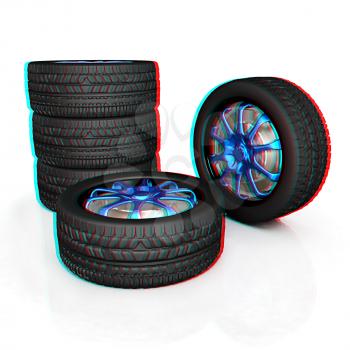 car wheel illustration on white background. 3D illustration. Anaglyph. View with red/cyan glasses to see in 3D.
