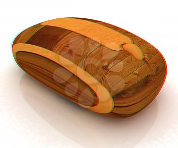 Wooden computer mouse on white background. 3D illustration. Anaglyph. View with red/cyan glasses to see in 3D.