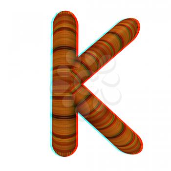 Wooden Alphabet. Letter K on a white background. 3D illustration. Anaglyph. View with red/cyan glasses to see in 3D.