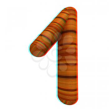 Wooden number 1- one on a white background. 3D illustration. Anaglyph. View with red/cyan glasses to see in 3D.