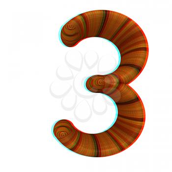 Wooden number 3- three on a white background. 3D illustration. Anaglyph. View with red/cyan glasses to see in 3D.