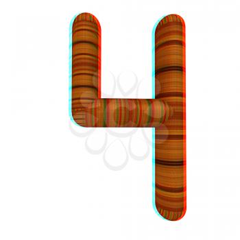 Wooden number 4- four on a white background. 3D illustration. Anaglyph. View with red/cyan glasses to see in 3D.