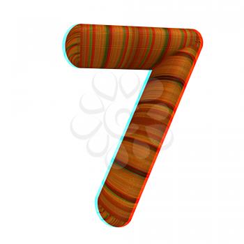 Wooden number 7- seven on a white background. 3D illustration. Anaglyph. View with red/cyan glasses to see in 3D.