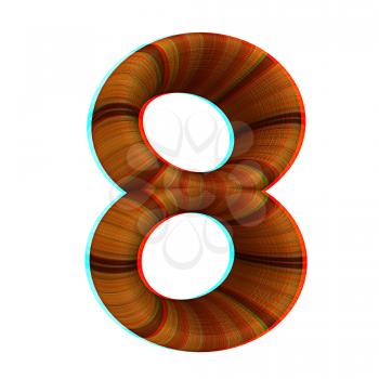Wooden number 8- eight on a white background. 3D illustration. Anaglyph. View with red/cyan glasses to see in 3D.