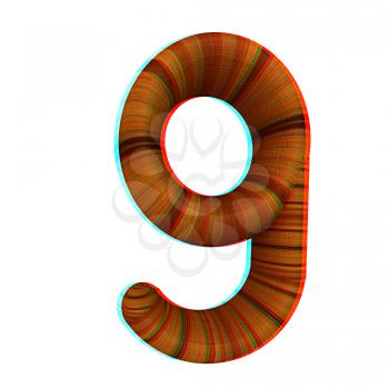 Wooden number 9- nine on a white background. 3D illustration. Anaglyph. View with red/cyan glasses to see in 3D.