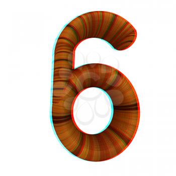 Wooden number 6- six on a white background. 3D illustration. Anaglyph. View with red/cyan glasses to see in 3D.