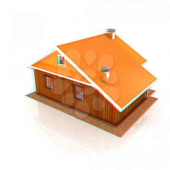Wooden travel house or a hotel on a white background. 3D illustration. Anaglyph. View with red/cyan glasses to see in 3D.