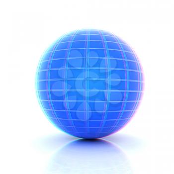 Abstract 3d sphere with blue mosaic design on a white background. 3D illustration. Anaglyph. View with red/cyan glasses to see in 3D.