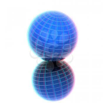 Abstract 3d sphere with blue mosaic design on a white reflective background. 3D illustration. Anaglyph. View with red/cyan glasses to see in 3D.