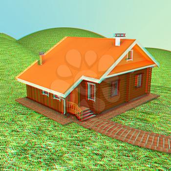 Wooden house against the background of fairytale landscape. 3D illustration. Anaglyph. View with red/cyan glasses to see in 3D.