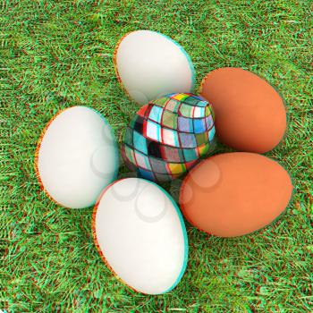 Eggs and easter eggs and grass. 3D illustration. Anaglyph. View with red/cyan glasses to see in 3D.