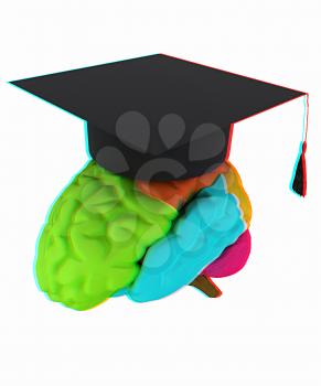 graduation hat on brain. 3D illustration. Anaglyph. View with red/cyan glasses to see in 3D.