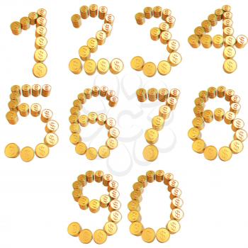Numbers of gold coins with dollar sign isolated on white background. 3D illustration. Anaglyph. View with red/cyan glasses to see in 3D.