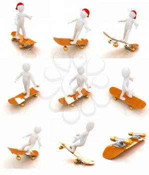 Set of 3d white person with a skate and a cap. 3d image on a white background. 3D illustration. Anaglyph. View with red/cyan glasses to see in 3D.